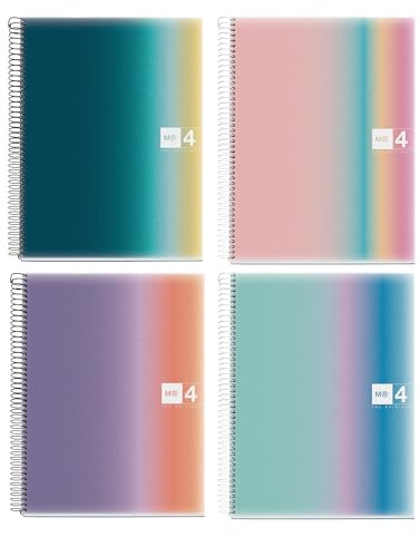 Miquelrius - Pack 4 Cuadernos A4 Cuadriculados, 120 Hojas 70 g/m², Tapa de Polipropileno, Espiral, 4 Taladros para Archivar, Vuelta al Cole y Oficina, Aurora
