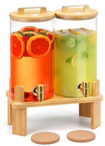 1.5 Gallon 2 PACK Glass Drink dispenser, Beverage Dispenser With Wood Stand, Lemonade Dispenser with Airtight Valve and Stainless Steel Spigot,Drink Dispenser for Parties