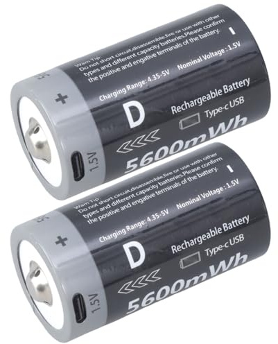 Rdxanc 2Pcs 1.5V 5600mWh USB C Ricaricabile D Size Batteria LR20 Litio D Cell Batteria per Fornello Scaldabagno