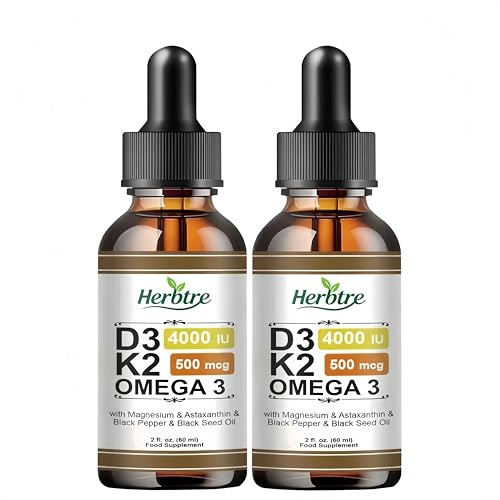 Herbtre Vitamin D3 + K2 Liquid Drops | Immune & Bone Health Support | Omega-3, Astaxanthin, Black Seed Oil | Vegan Liquid Drop