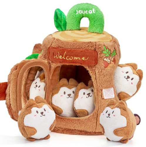 JoyCat Jouet Bebe 6-12 Mois, Cabane en Peluche avec 5 Écureuils, Hochet, Miroir, Jouet Sensoriel Montessori Bébé 6 Mois, Cadeau Bebe Enfant Garçon et Fille 1 an
