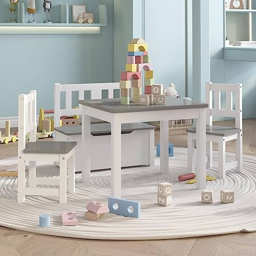 Ordellia 4-delad sittgrupp för barn, vit och grå av MDF, barnrumsmöbler med bord, 2 stolar och bänk, babyrumsset för målning, lek, mat, förvaring och ordning