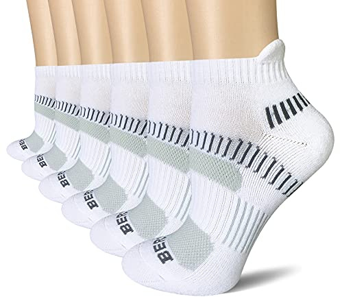 BERING Women's Athletic Running Cushioned Ankle Socks, Size 6-9, White, 6 Pairs