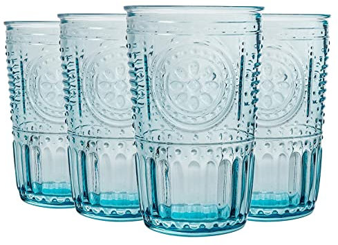 Bormioli Rocco Romantic Highball Glasses Set - Vintage Italian Cut Glass Cocktail Tumblers - 340ml - Blue - Pack of 12