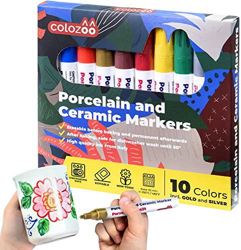 Colozoo Rotuladores para Porcelana Seguros en Lavavajillas - 10 para Cerámica de Colores Brillantes con Oro y Plata Incluidos