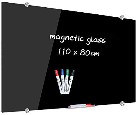 XIWODE Magnetisches Glas-Whiteboard, 110 x 80 cm, schwarz, wandmontiert, gehärtetes Glas, trocken abwischbar, rahmenlos, für Nachrichten, Notizen, Notizen und Home Office…