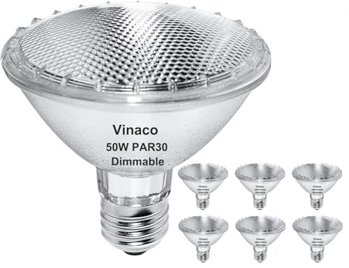 Vinaco PAR30 Halogen Bulb 50W 120V E26 Base, 6 Pack PAR30 Short Neck Halogen Long Lifespan，50W PAR 30 Dimmable 3000k Warm White，High Out PAR 30 Flood Light Instead for Flood Light Bulb Outdoor.…