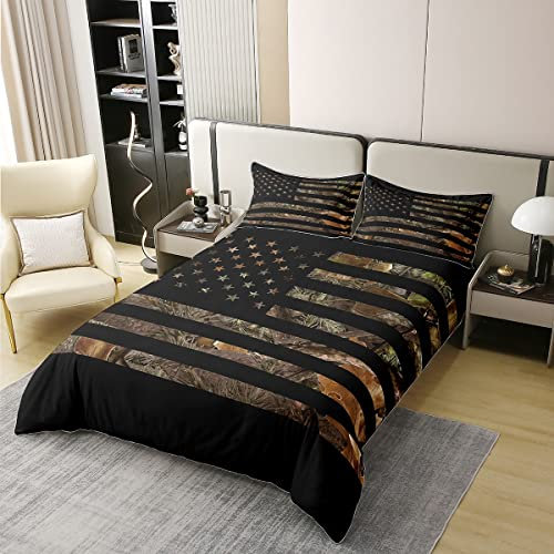 Erosebridal 100% Cotton American Flag Camo Bedding Set Twin,Military Hunting Comforter Cover Rustic Trees Leaves Camouflage Duvet Cover for Boys Teens Kids Man Nature Conifer Oak Branches Quilt Cover