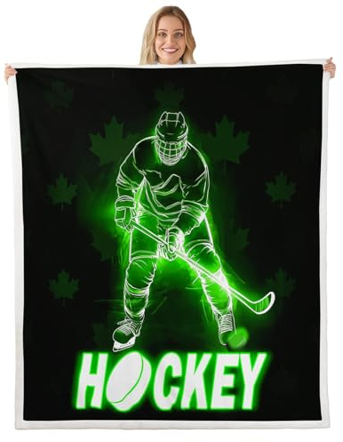Ice Hockey Throw Blanket for Boys,Pucks Sports Ball Games Blanket,Extreme Sport Fleece Blanket 50x60,Abstract Hockey Player Sherpa Blanket Glowing Glitter Lighting Bedroom Decor Green Black