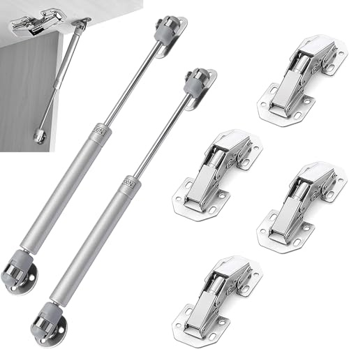 Amortiguación Integrada Bisagra,Amortiguadores de Gas,4*Bisagras de Esquina de Armario y 2 * 100N Hidraulico Amortiguador de Gas,Para Puertas de Armarios,Puertas de Madera,Armarios (6 pcs)