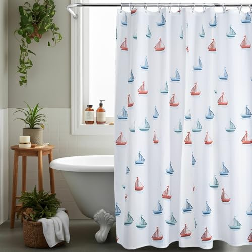 AQUALONA® Premium Shower Curtain, 12 FREE HOOKS INCLUDED - Polyester, Water-repellent Coating, Rustproof Chrome Eyelets - Mildew Resistant and Weighted Hem, 180 x 180 cm (Sail Away)