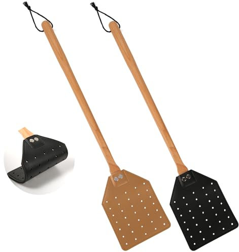 2pcs Leather Hanging Rope Fly Swatter, 19.5 Inch Long Heavy Duty Flyswatter Manual with Wooden Handle Wasp Catcher for Indoor Outdoor(Black, Brown)
