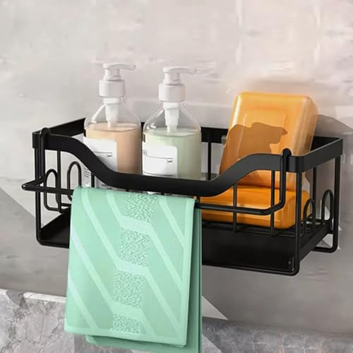 Koolkasa Organizador para fregadero de cocina, soporte para esponja, organizador para fregadero con soporte para paños de cocina, organizador de metal con desagüe automático