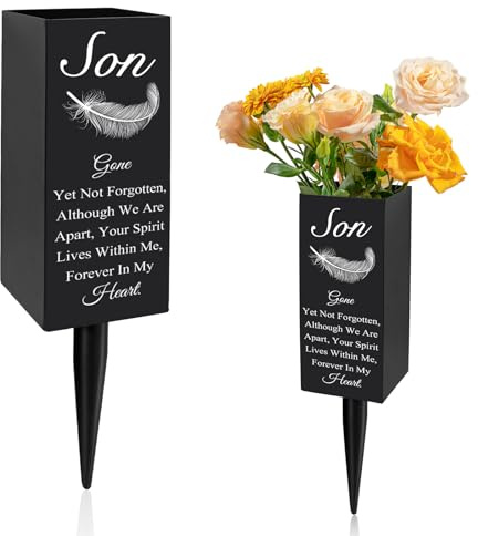 Son Cemetery Vases for Grave, Metal Cemetery Grave Flower Vase with Stake, Son Grave Cemetery Decorations, Metal Memorial Grave Markers, Graveside Decor Sign for Grave Outdoor Yard