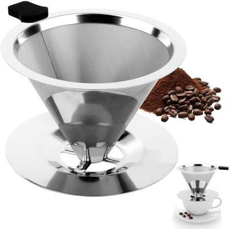 TNEDFOD Kaffeefilter, Wiederverwendbar, 800 Maschen, Edelstahl, Silber, für manuelle Kaffeezubereitung