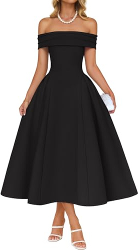 ZESICA Cocktail Dresses for Women's Elegant Off Shoulder Short Sleeve Swing A Line Wedding Evening Party Midi Dress,Black,Large