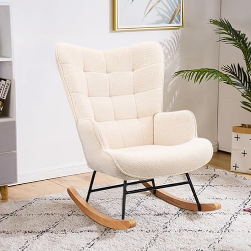 BursDany Fauteuil à Bascule, Fauteuil de Relaxation en Tissu Peluche, Chaise à basule avec Dossier Haut, Structure Bois Massif/Métal, Charge maximale : 130 kg (Beige)
