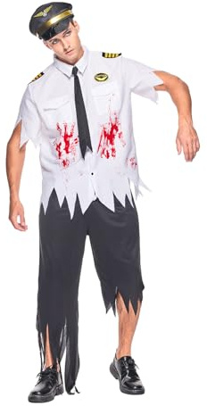 EraSpooky Costume da Pilota Zombie per Uomo Divisa da Capitano Insanguinata con Cappello e Cravatta