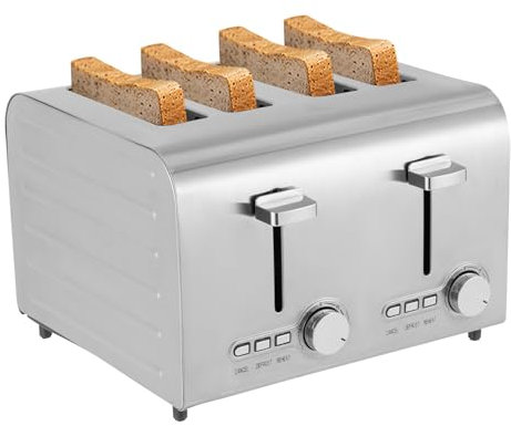 Toaster 4 Scheiben, Toaster Edelstahl 7 Temperaturstufen, 4 extra breite schlitze toaster schwarz, 2 individuelle Bedienfelder, Abbrechen, Abbruch, Auftauen und Aufwärmen-1500w