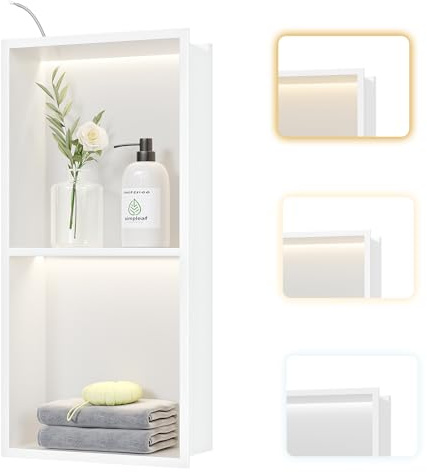 Neohomee Wall Recess Shower Stainless Steel with LED Light, Embedded Shower Niche with Shelf 60 x 30 cm with Colour Temperature Controller for Bathroom Storage and Decoration, White