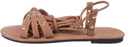 Snörningsskor för kvinnor platta nitade gladiatorsandaler för kvinnor knyt upp ben vira runt sandal gladiator knä hög sandal sexiga uppklädda tofflor öppen tå remtofflor lätta promenadskor, Brun, 6.5