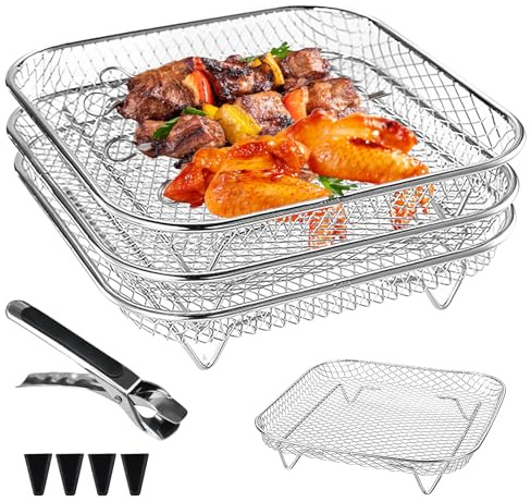 Air Fryer Rack, 3 stycken luftfryer tillbehör, 3 lager, stapelbara, luftfritös, tillbehör, varmluftsfritös, för ugn luftfryer tillbehör kvadratisk, rostfritt stål grillgaller, rost för grillning och
