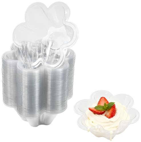 WEFHEF 100PCS Vasos de postre 240ml, Vaso de Helado con Forma de Flor, Vasitos para Aperitivos Transparentes y Reutilizables, Vasitos para Postres para Mousse, Pudín Helado, Fiestas y Cumpleaños