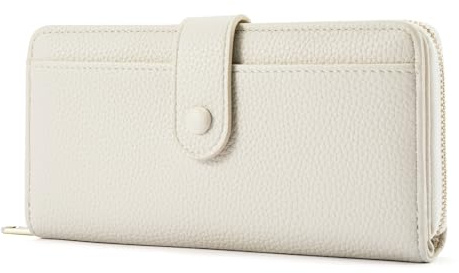 ANYWN Geldbörse Damen Portemonnaie Damen groß aus glattem und weichem Synthetikleder, Geldbeutel im Langformat mit Reißverschluss und Druckknopf, Portmonee Damen mit viele Fächer Beige