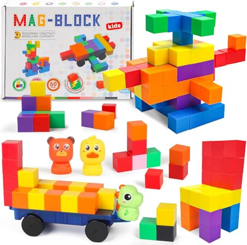 LONEEDY Set di 60 blocchi magnetici da costruzione con figure di animali e carrello magnetico - Giocattolo educativo STEM per bambini dai 3 agli 8 anni (Miscelazione dei colori - 60 PCS)