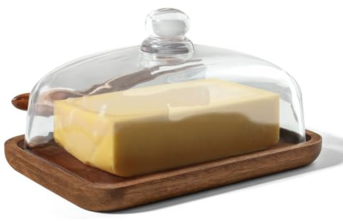 Guolich Burriera con coperchio e coltello 250g , Porta Burro da Frigorifero con Base in legno di Acacia e Vetro con Coperchio, porta formaggio, Portaburro per Conservare Torte, Snack, Colazione