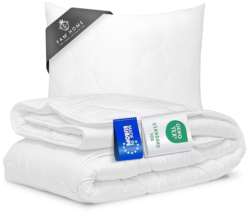 Fam‘ Home Bettdecke 135 x 200 cm und Bettkissen 80 x 80 cm Set – Allergiker Bettdecke & Ganzjahres-Mikrofaser Schlafkissen, maschinenwaschbar, Oeko-TEX® Zertifiziert