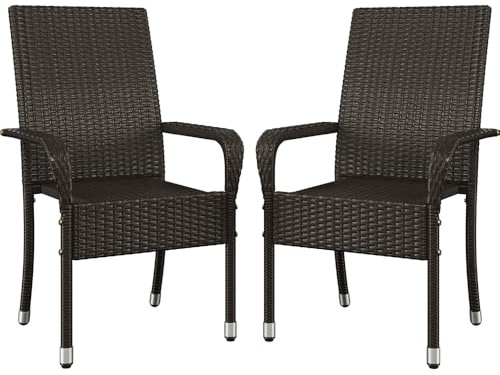 Yaheetech Set med 2 plastrattan trädgårdsstolar, stapelbara, rottingstolar, stapelstol med armstöd och ryggstöd, rottingstol, balkongstol med justerbara skyddsfötter för trädgård, balkong, terrass