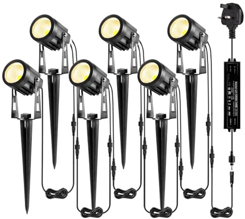 B-right Garden Spotlights Mains Powered, Upgraded Spike Lights Extendable to 12 Garden Uplighters,IP65 Waterproof 12V Low Voltage Outdoor Lights for Pathway Yard Landscape (6Pack,21M,Warm White)
