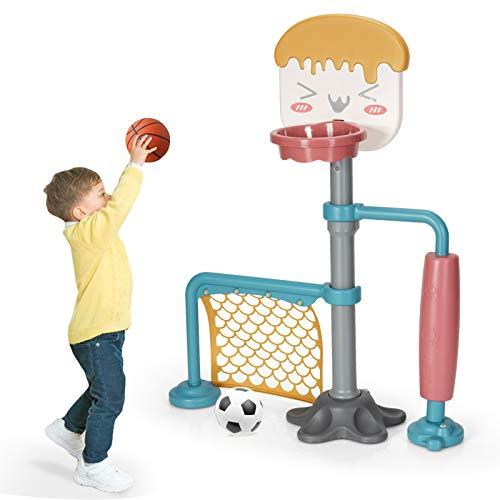 Costzon 3-in-1 Toddler Basketball Hoop & Soccer Goal Stand, Basketball Stand with Adjustable Height, Indoor & Outdoor Activity Center Basketball & Soccer for Kids