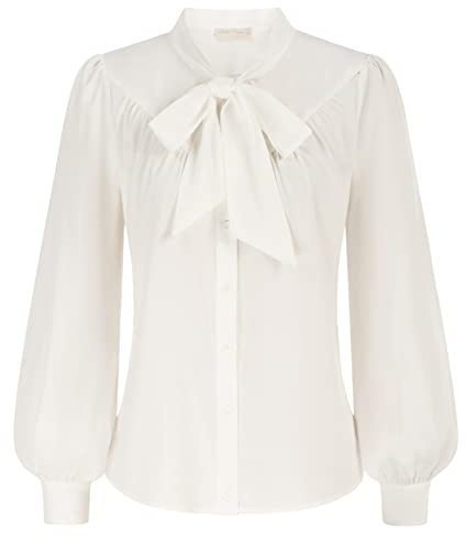 Belle Poque Chemisier victorien vintage à manches cloches avec nœud papillon pour femme, ivoire, M