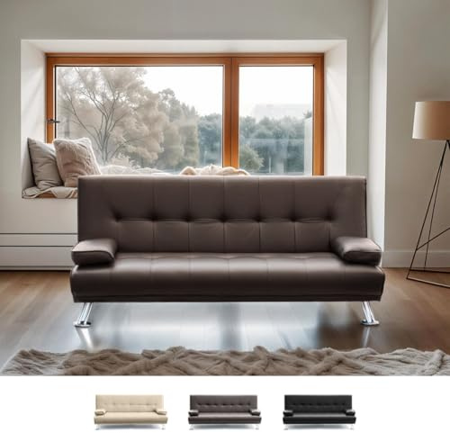 Sofá Cama biplaza de Cuero Polipiel con reposabrazos Olivina para casa y Locales públicos Pronto Letto - Marrón