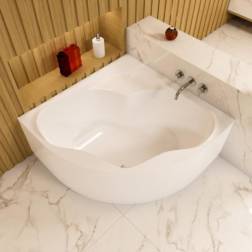 ECOLAM Baignoire d'angle SELMA 140x140cm + tablier en acrylique | pieds siphon et silicone | Belle forme | Baignoire acrylique blanc