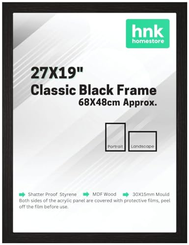 HNK Classic Picture Poster Frame, 27x19 Black Wood Finish, Portrait/Landscape Display Rectangle 68x48cm (Black)