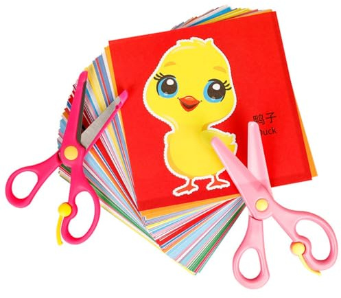 Questo set di forbici per bambini include 2 forbici di sicurezza di diversi colori e 240 pezzi di ritagli di carta colorati di animali e frutta.