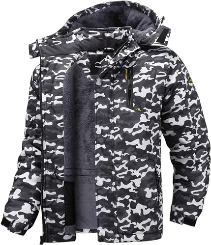 Tansozer Uomo Impermeabile Giacca Invernale Antivento caldo Sci Cappotto in Pile con Cappuccio Rimovibile (Nero Mimetico, XL)