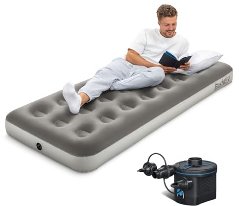 Bestway Premium Camping Single Airbed with Cordless Battery Pump, Single Flocked Inflatable Bed Portable, Air Mattress, Outdoor Camping Air Bed