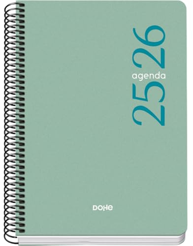 Dohe - Skolkalender 2025 2026 - Vecka per uppslag, Storlek A5 (15x21 cm), Spanska och Engelska, September till Juni, Spiralbindning, Mjukt omslag - ESENCIAL Grön