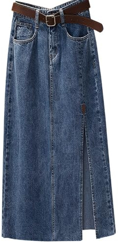 YCBMINGCAN Falda vaquera larga para mujer, línea A con ranura, falda de verano de cintura alta con botones continuos, falda vaquera vintage estrecha, elegante e informal., #1-azul, M