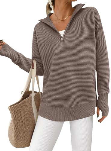 PRETTYGARDEN Womens Long Sleeve Quarter Zip Pullover Sweater Light Brown