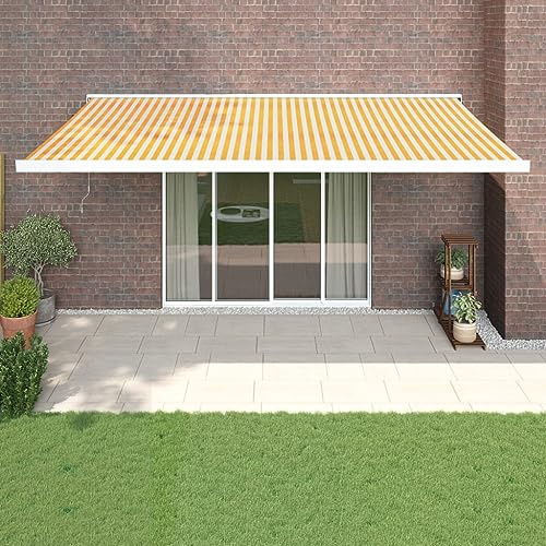 Store Banne Rétractable,Toile Jaune et Blanc Résistante aux UV,Cadre Aluminium Thermo-Laqué,Store Enrouleur Exterieur avec Bras Articulés,Auvent de Terrasse 5x3 m,Stores Exterieur Terrasse et Balcon