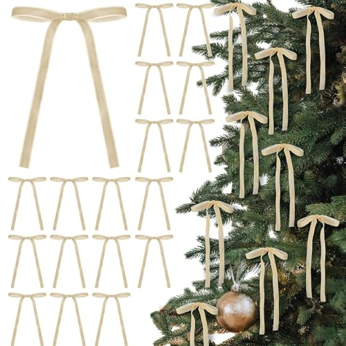 YUYWWAN Lazo de Terciopelo, 24 PCS Lazos para Arbol de Navidad Terciopelo, 5 x 7 Pulgadas Lazos Navideños, Lazo de Navidad Decoración para Porches, Escaleras, Ventanas (Beige)