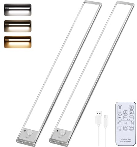 40cm Unterbauleuchte Küche LED, 2 Stück Schrankbeleuchtung mit Bewegungsmelder Fernbedienung, 2200mAh USB Wiederaufladbar Schranklicht, 3 Farbmodi Magnetische Lichtleiste für Schrank, Kleiderschrank