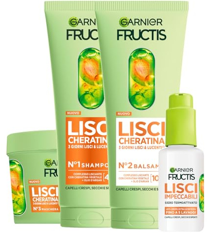 Garnier Fructis Lisci Cheratina Kit con Maschera 370ml + Shampoo 200ml + Siero Termoprotettore Lisci Impeccabili 50ml + Balsamo 200ml per Capelli Crespi Secchi e Spenti - Set da 4