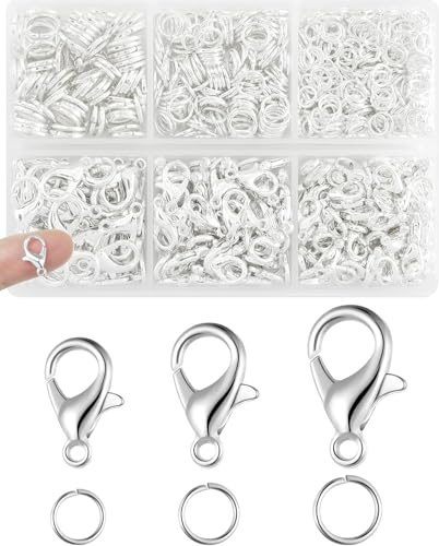 UCLEVER Set di 450 chiusure a moschettone e anellini aperti, chiusure in argento per collane, bracciali, portachiavi e gioielli fai da te (argento)