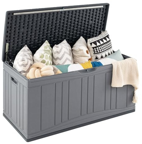 COSTWAY Baule da Esterno 300L Impermeabile in Resina, Cassapanca Contenitore da Esterno con Pistoni a Gas, Predisposizione per Serratura e 2 Maniglie Laterali, Resistente, 114 x 55 x 61 cm (Grigio)